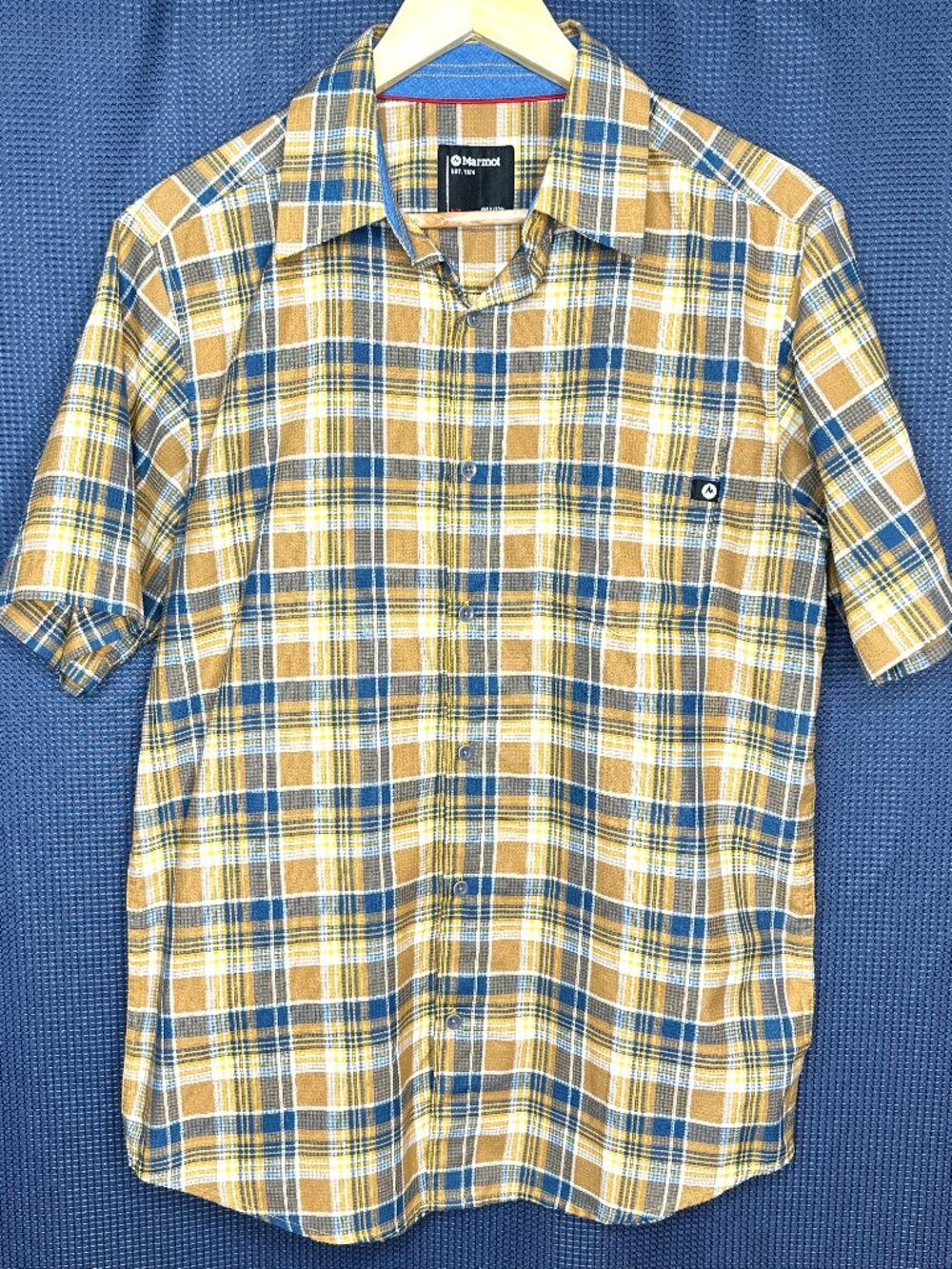 Marmot Mens Plaid Short Sleeve Shirt, Medium Gorpcore Outdoor Preppy Blue Yellow